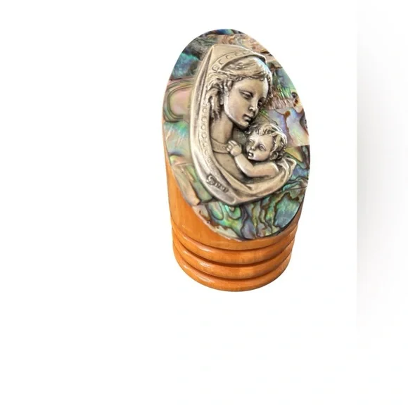 Vintage Wood & Mother Of Pearl Bethlehem Mary/Jesus 3” Desk Top Statue Holy Land - Picture 3 of 3